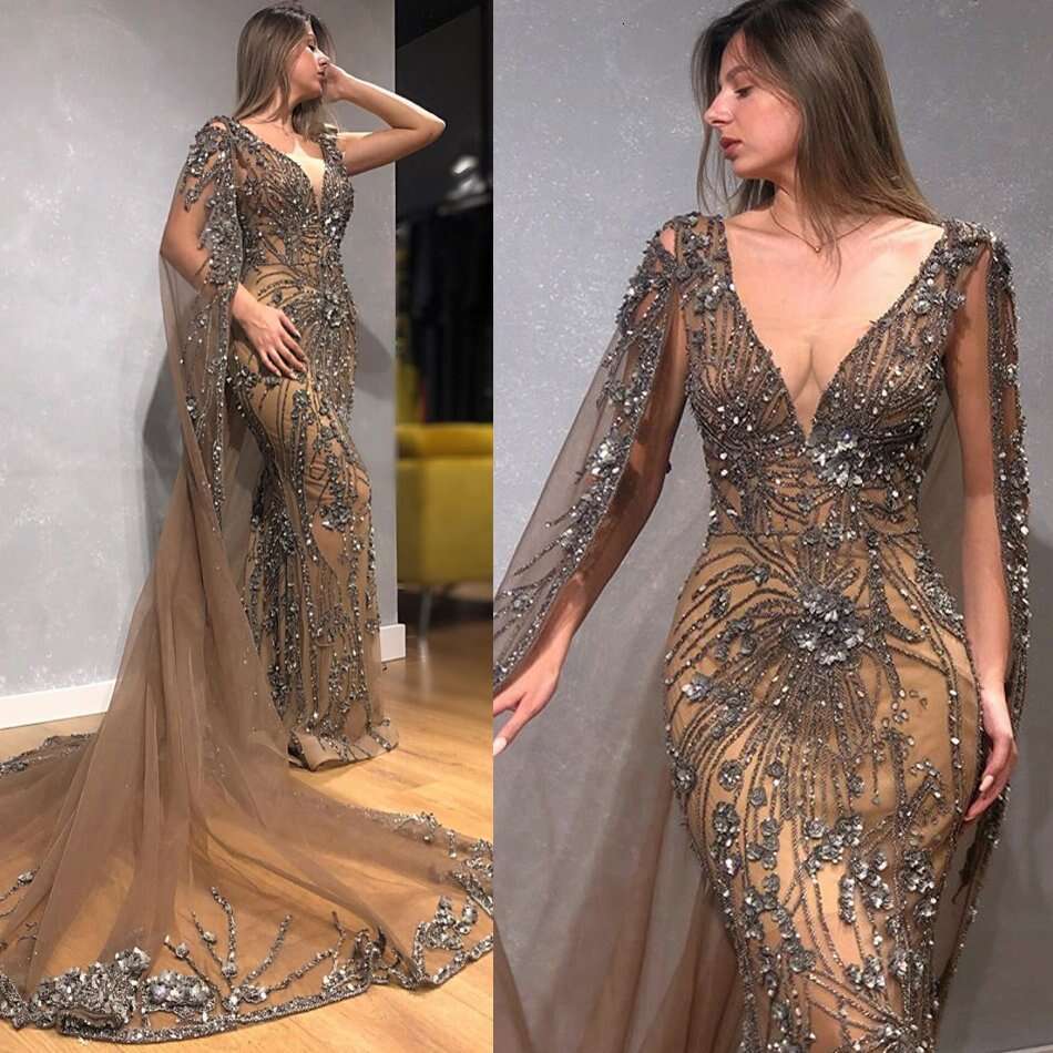 2020 Wrap Train Prom Gowns 3D ral Beaded Lace Applique Sequins Party Evening Dresses