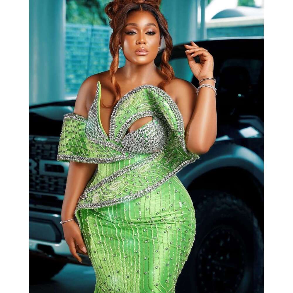 2024 Aso Ebi African Green Mermaid Prom Dresses Sequined Rhies Evening Party Second Engagement Birthday Gowns Dress Z88