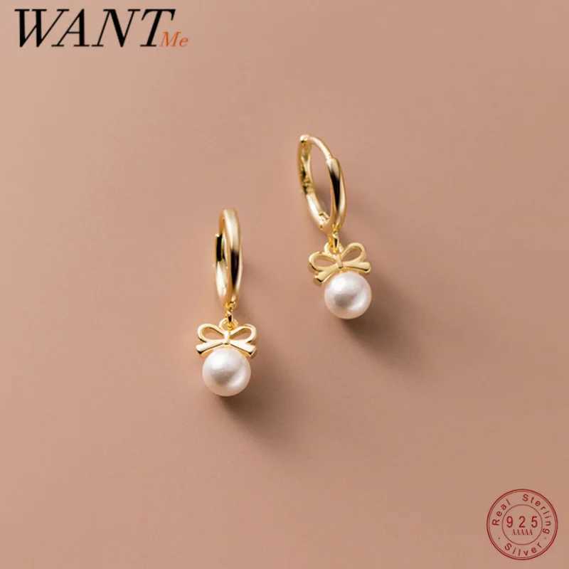 WANTME 925 sterling silver cute butterfly synthetic pearl pendant earrings fashionable charm gold-plated embrace jewelry for women W241023