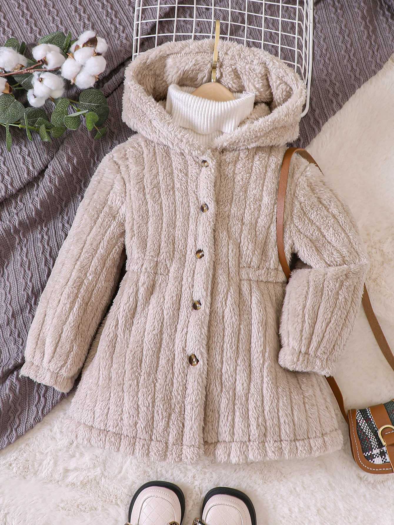 Autumn and winter new down plush hooded long jacket suitable for small and medium-sized girls W241023