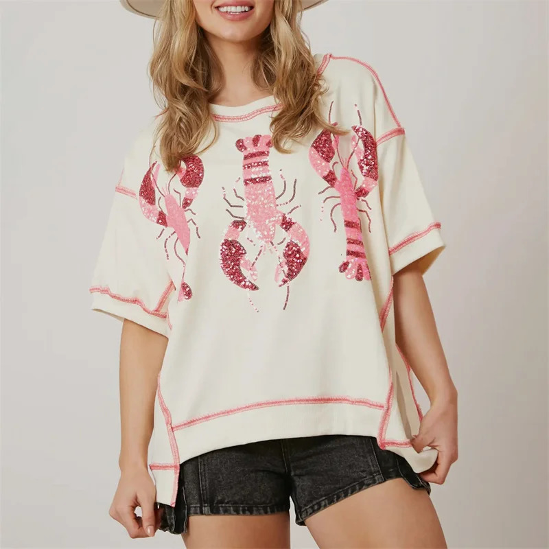 Lamuusaa glitter top womens summer lobster print contrasting color round neck short sleeved t-shirt y2k clothing streetwear 241011