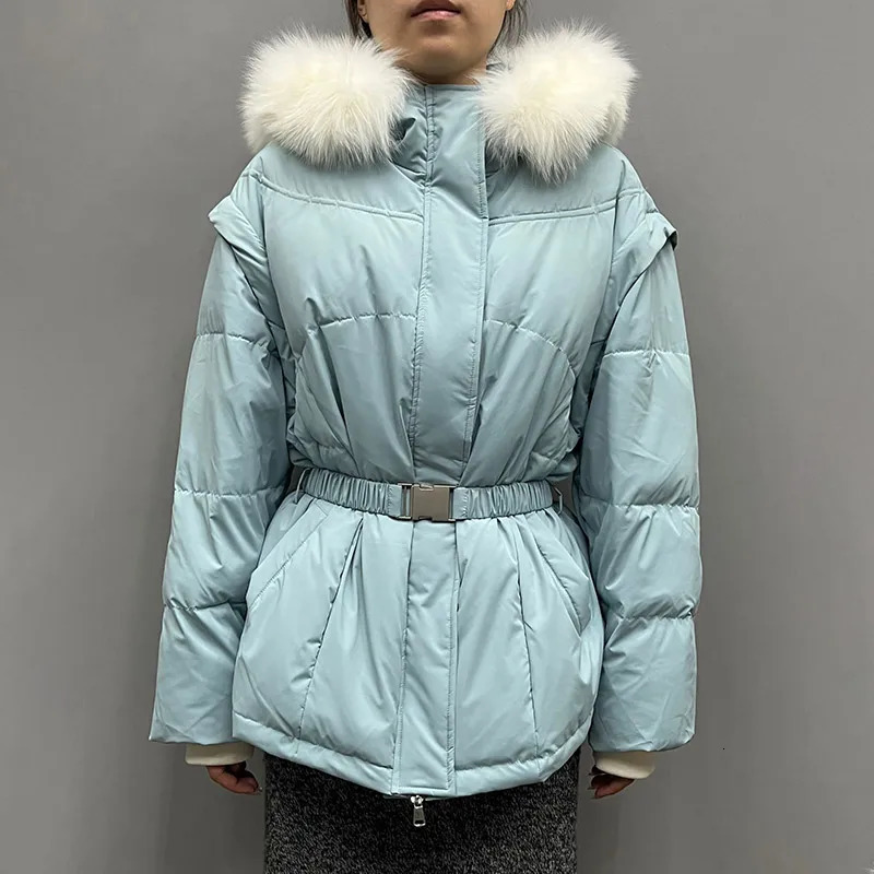 Loose fox fur collar down jacket womens winter inflatable jacket oversized jacket with detachable sleeves 241023