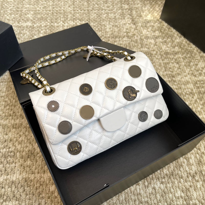 Vintage Coins Badge Decoration Designer Woman Shoulder Bag Classic Double Flap Aged Gold Hardware Matelasse Chain Medium Crossbody Handbags 25x15cm Purse Sacoche