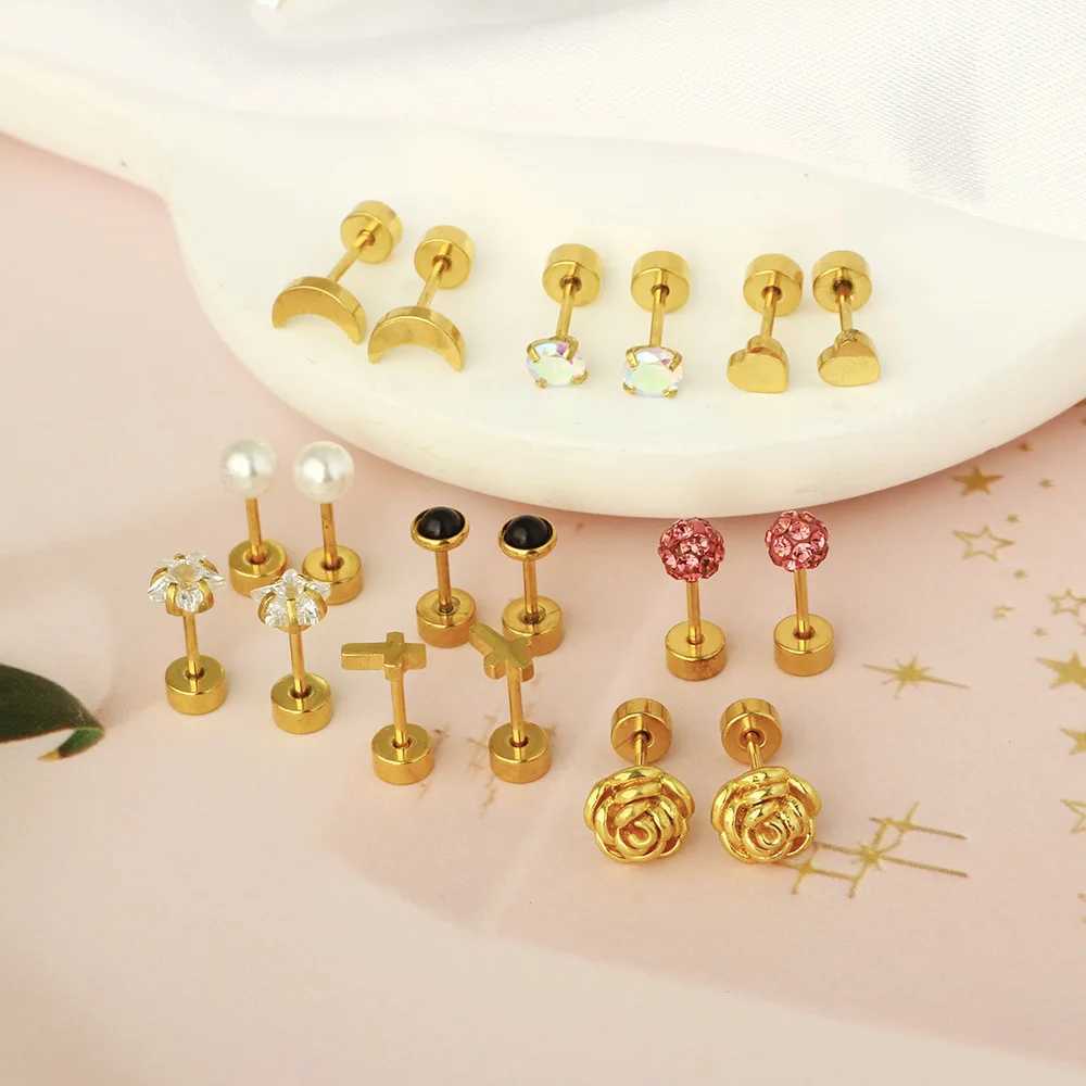 2PCS/Set Stainless Steel Gold Flower Cross Stud Earrings Suitable for Women Cute Mini Pearl Earrings Felt Perforated Jewelry W241023