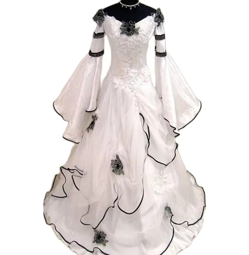 Celtic Pagan Medieval Wedding Dress 2025 Elf Aesthetic Black And White Gothic Bridal Dress Corset Lace Wiccan Georgian Civil Bride Dress Unique Vestio