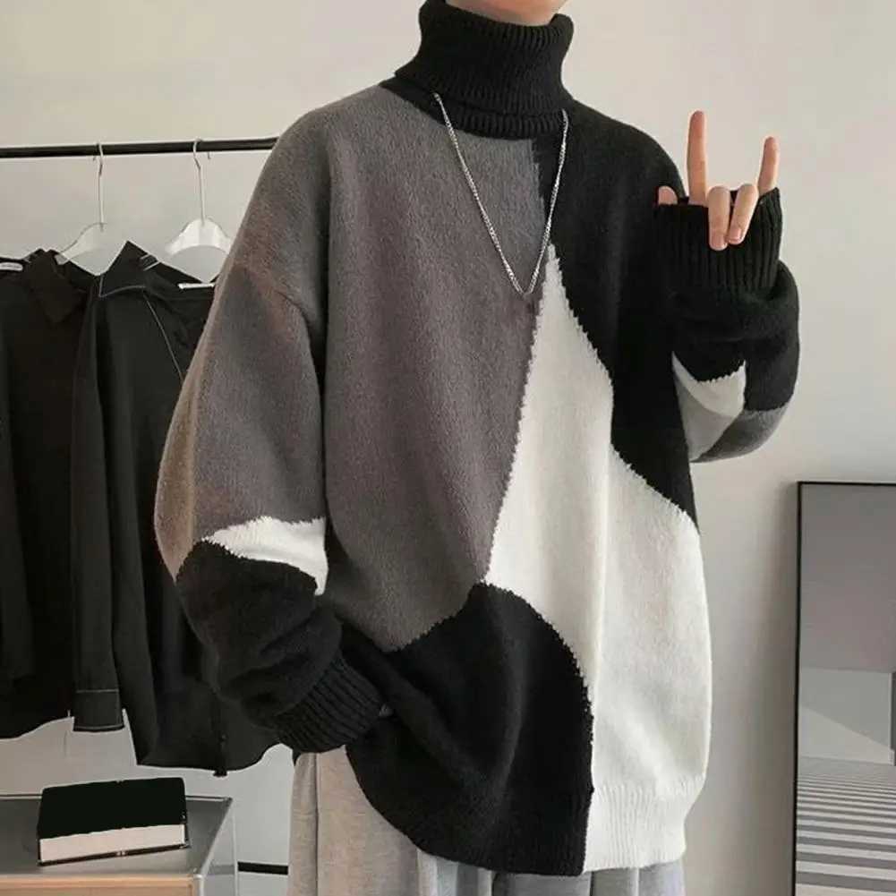 High Collar Sweater Colorblock Knitted Turtleneck Mens Sweater with High Collar Neck Protection Soft Warmth Elastic Mid Length LX241024