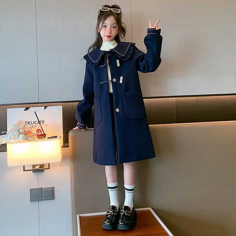 Womens wool coat windproof jacket 2024 navy blue warm and thick winter cotton coat plus size childrens clothing W241023