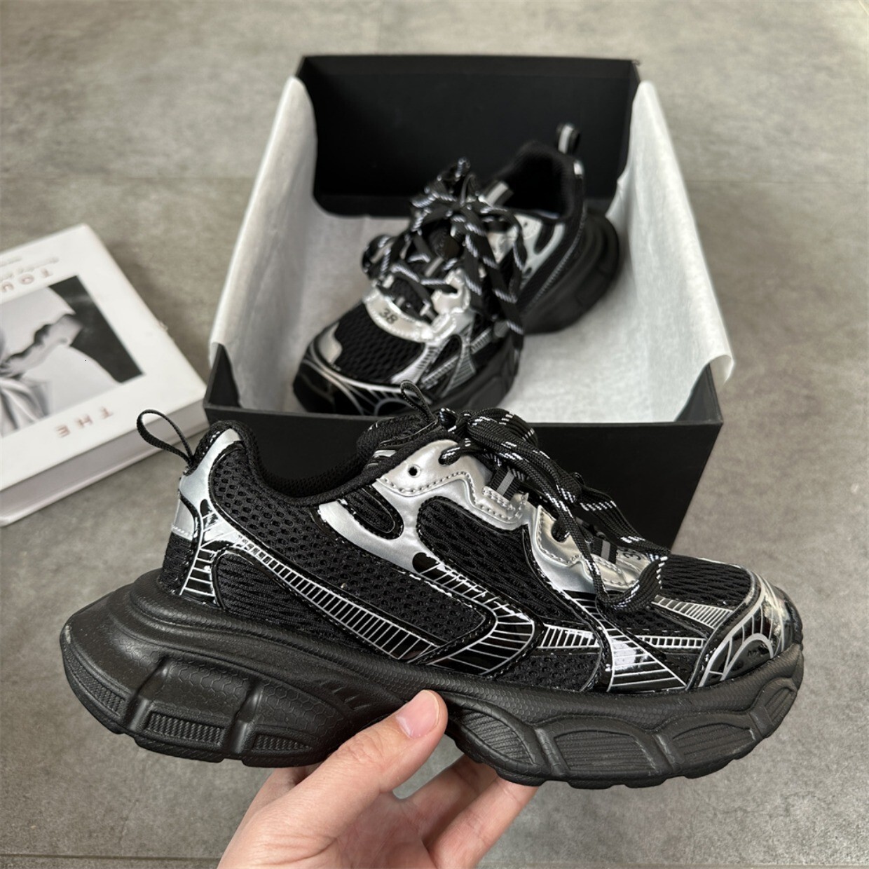 trendy street photo, thick soled couple, casual sports shoes, female