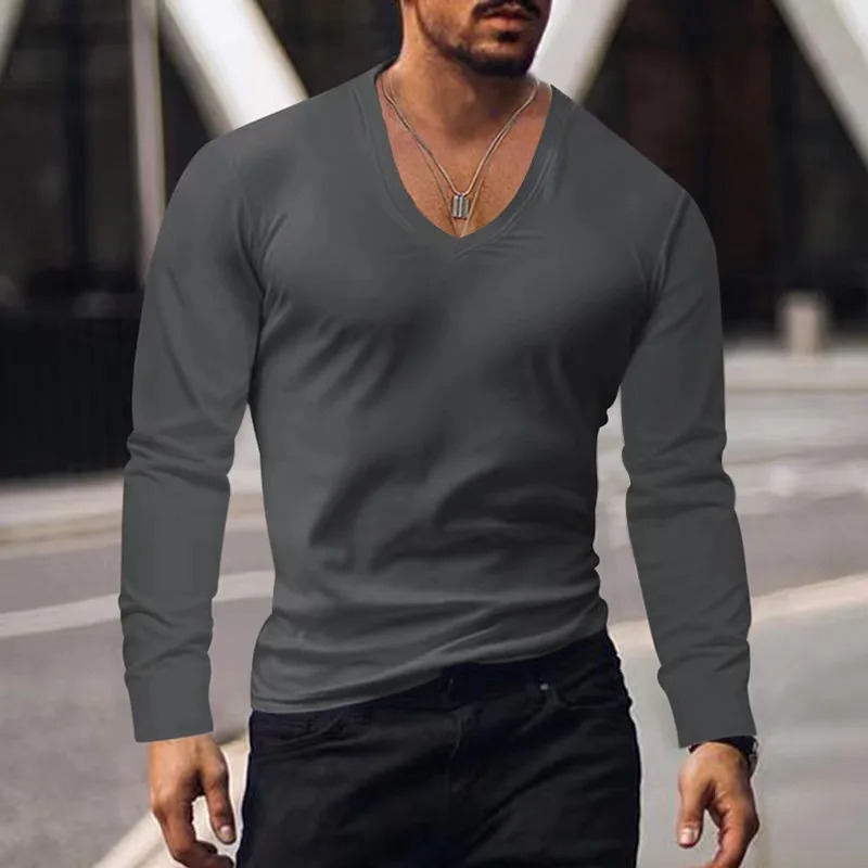 Spring/Summer/Autumn Mens T-shirt Casual Long Sleeve Fitness Solid Sexy V-neck Mens T-shirt 241024