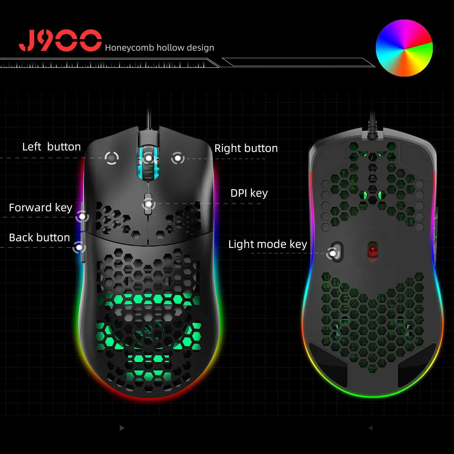 HXSJ J900 USB Wired Gaming Mouse RGB Gaming Mouse with Six Adjustable DPI Ergonomic Design for Desktop Laptop PC Computer OfficeLX241024