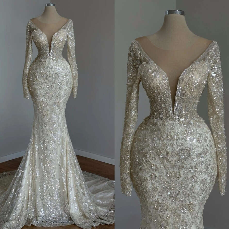 Champagne Chart Light Mermaid Dress Sheer Neck Saudi Arabic Beaded Wedding Dresses Long Sleeves Dubai Bridal Gowns Es