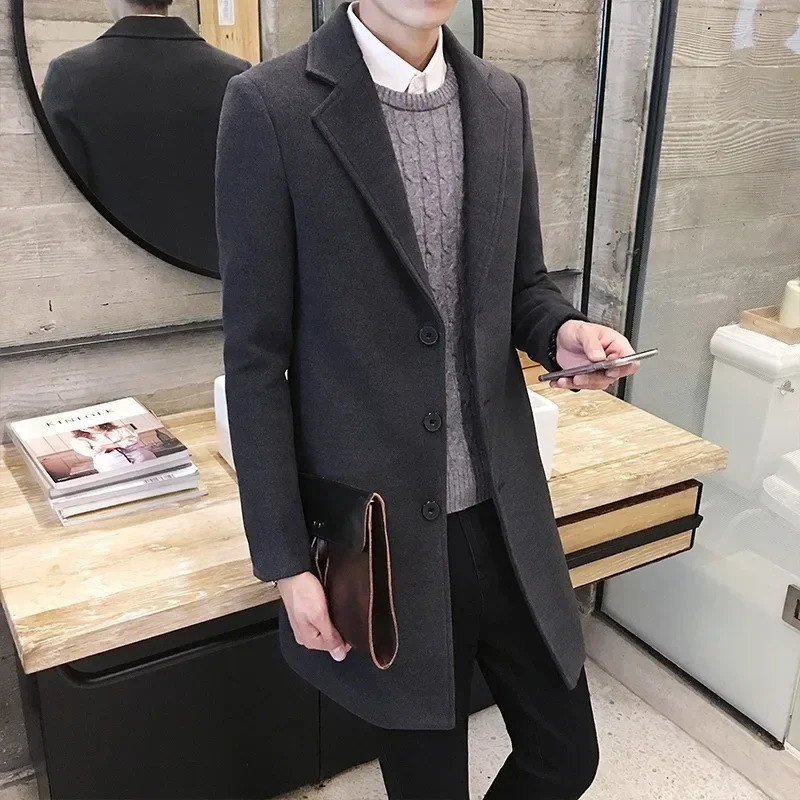 Mens long cotton jacket autumn and winter wool blend solid color casual business fashion ultra-thin windproof jacket mens clothing 241024