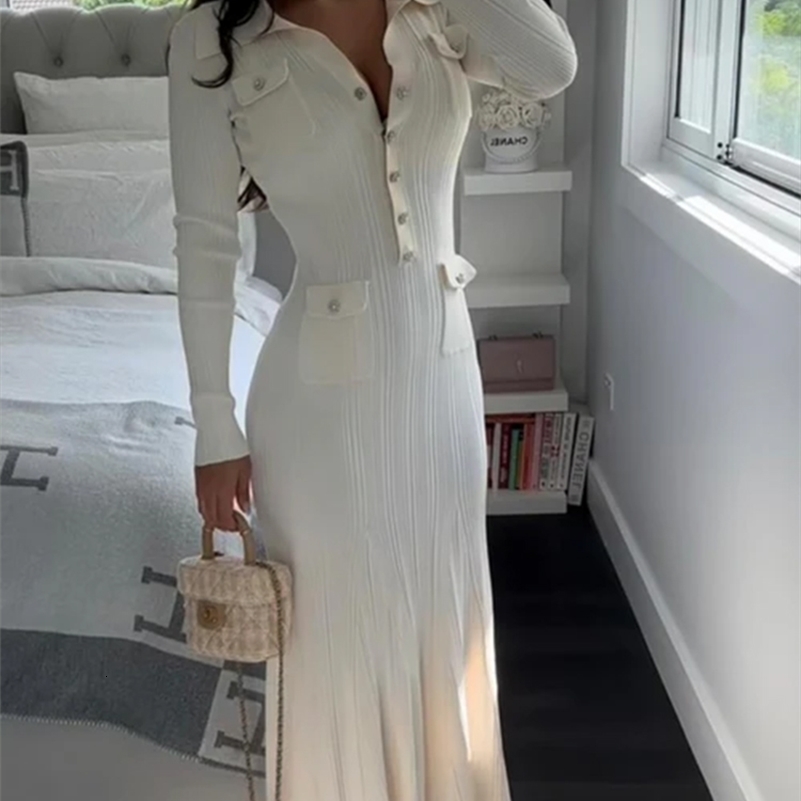 Mermaid Knitted Dres Poloneck Long Sleeves Single Breasted Female Dresses 2024 Autumn Winter Slim Hip Package Lady Robe 241007