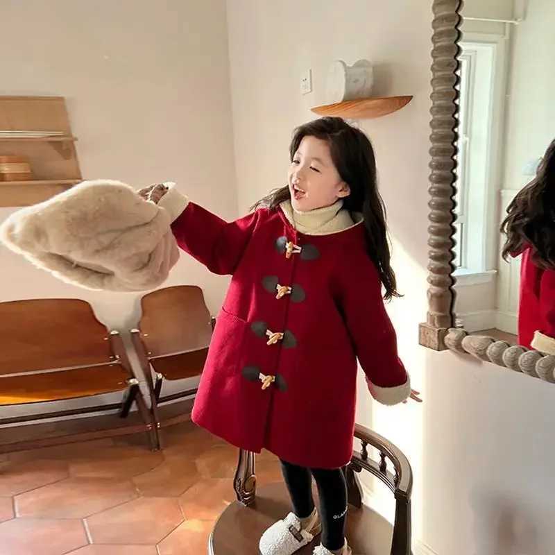 Horn button jacket winter new childrens wool jacket baby girl apron warm and comfortable W241023