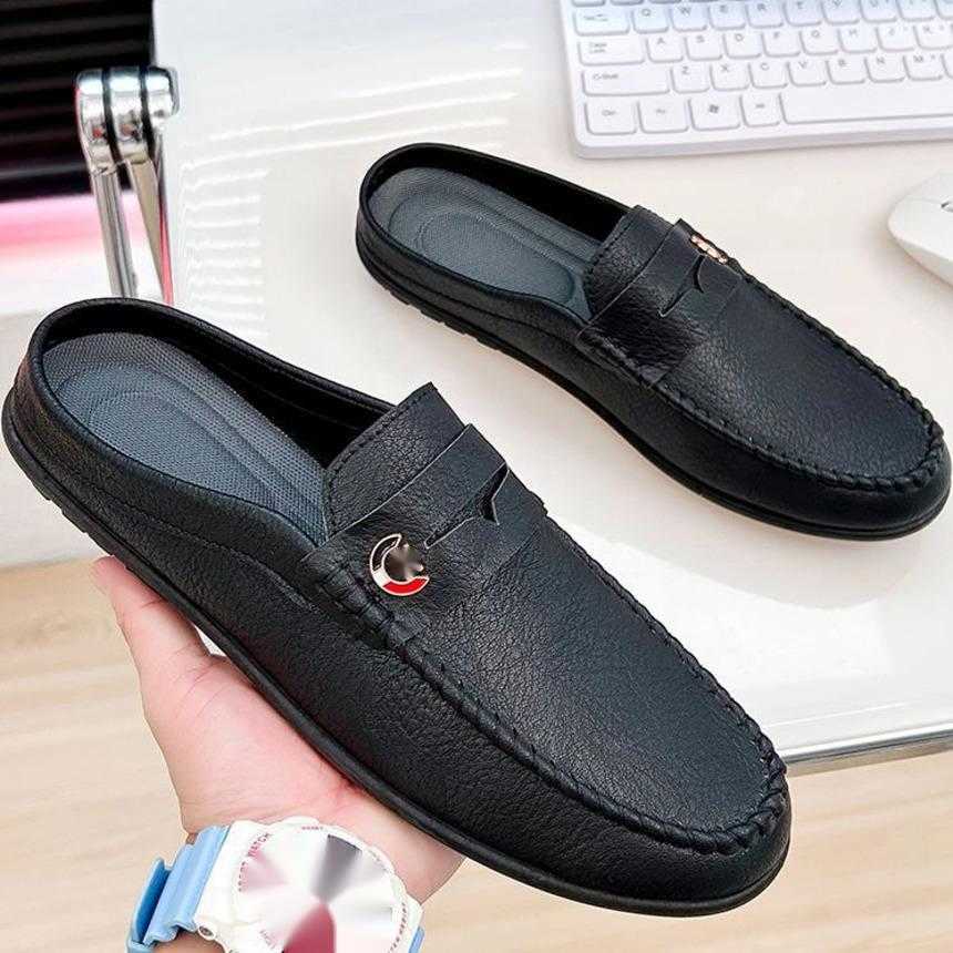 Men Dress Shoes Summer British Bean Shoes Mens Half Slippers Lazy One Step Leather Shoes No Back Heel Breathable Mens Casual Shoes 241009