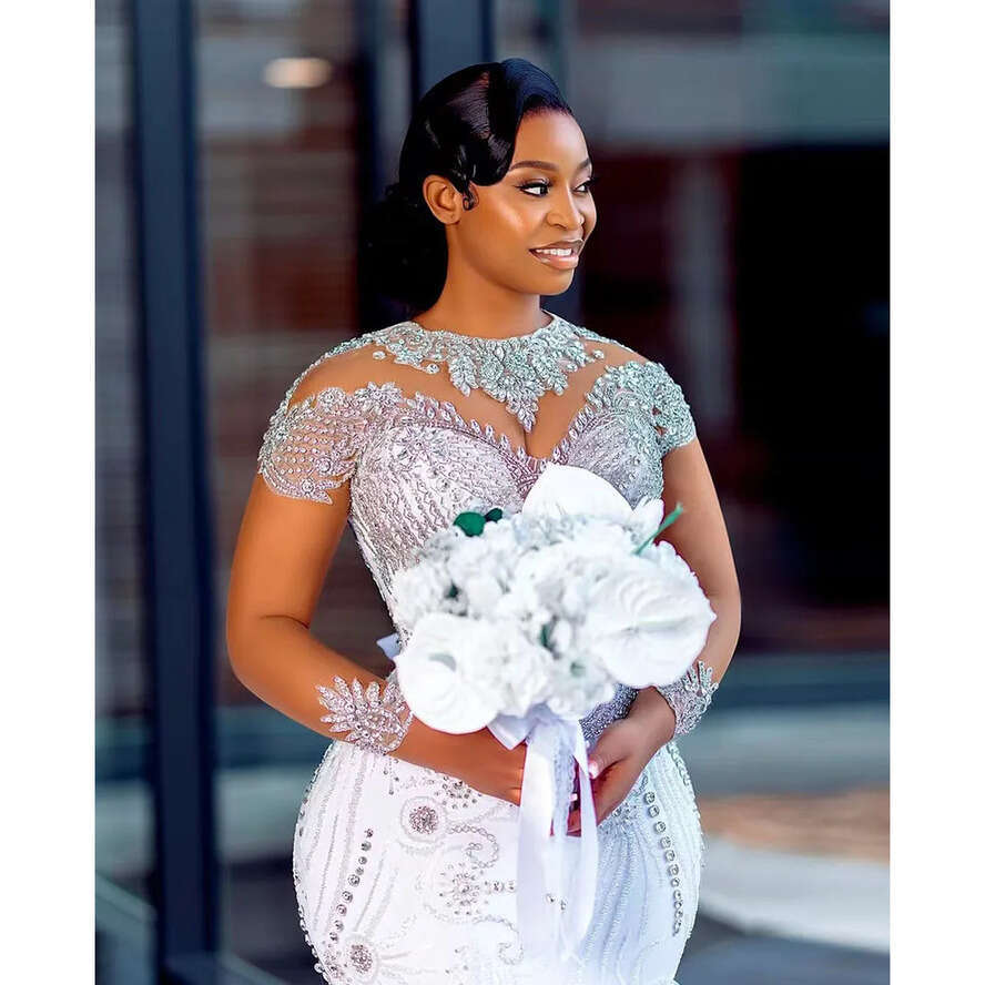 Heavy Gorgeous Mermaid With Laminated, Tulle And Crystal Embellishments, Oversized Traig Bridal Wedding Dress