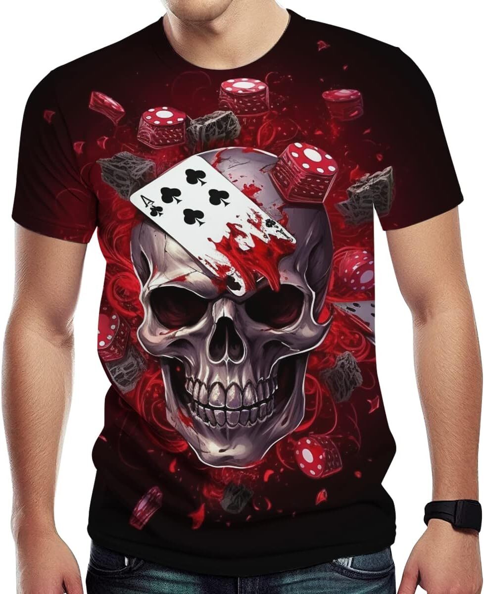 Mens T shirt Novelty Fashion Poker Cards with Skull Print Short Sleeve T Shirt for Men's tee Casual tops summer clothes Fashionable and cool