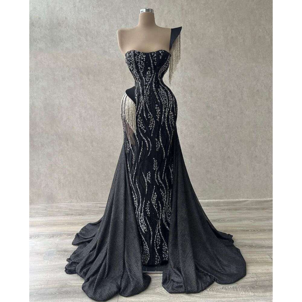 Black Mermaid Evening Bateau Sleeveless Sequins Beaded 3D Lace One Shoulder Tassel Side SlitAppliques Prom Dresses Gowns