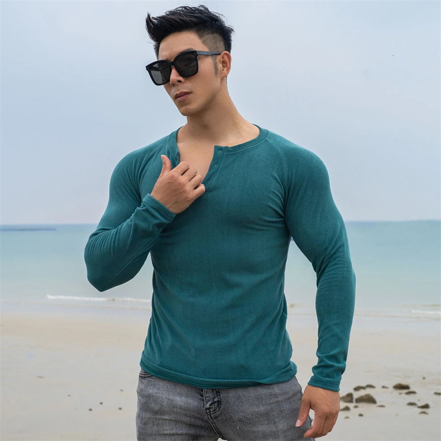 Casual long sleeved cotton T-shirt mens gym fitness exercise slimming T-shirt mens solid T-shirt top sports training clothes 241024