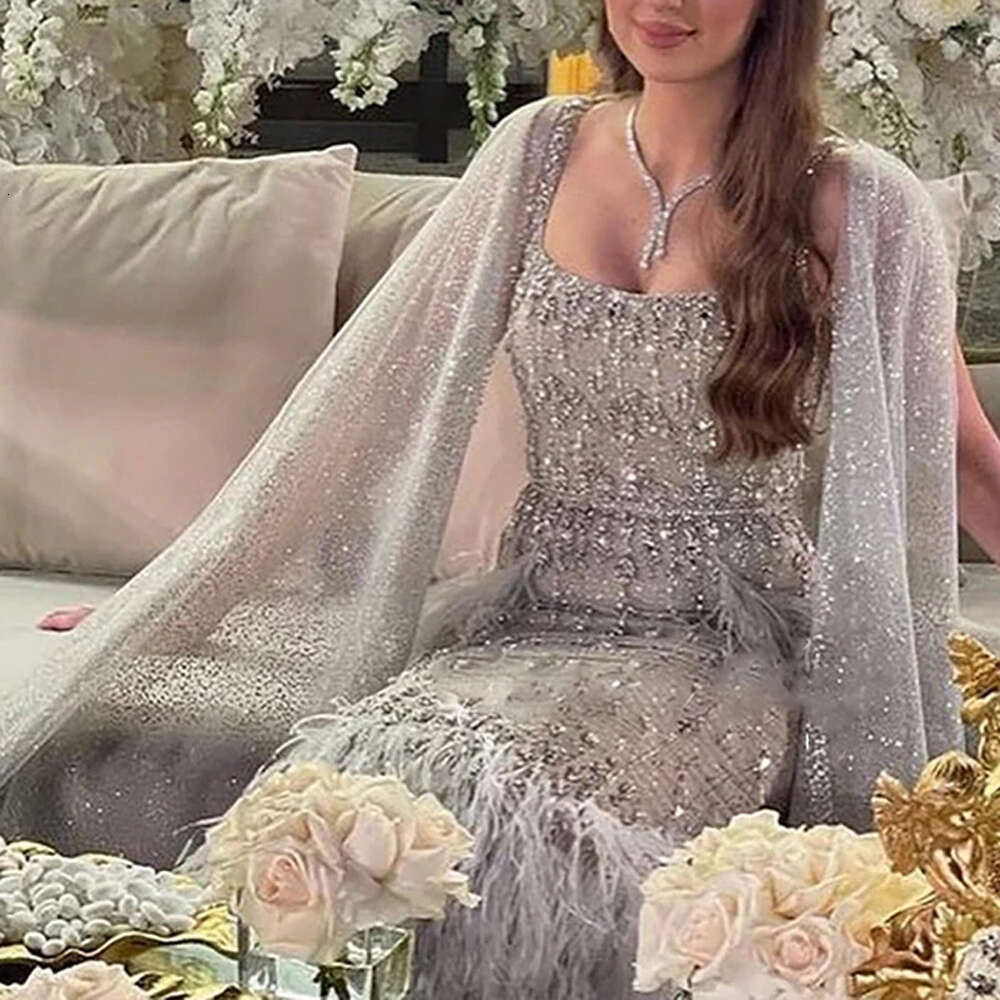 Dubai Sequined Women Prom Dress Saudi Arabia Beadings Crystal Feather Party Evening Gowns Formal Ocn Robe De Soiree