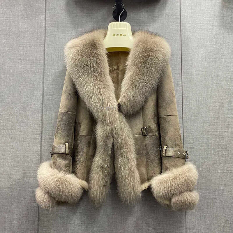 Winter Real Coat Genuine Rabbit Skin Leather And Jackets With Natural Fur Collar Ladies Outwear Oversize 211018