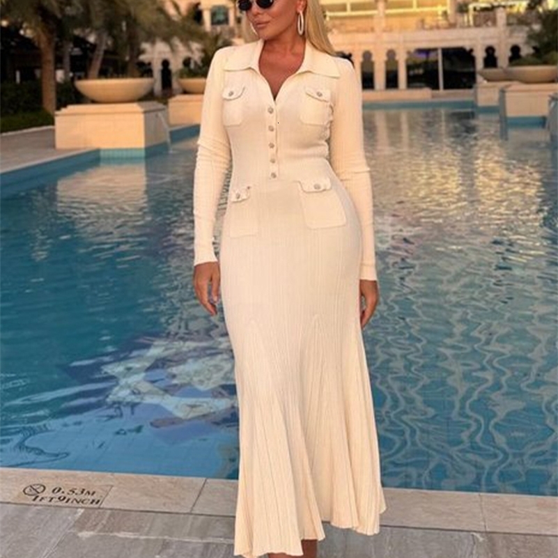 Mermaid Knitted Dres Poloneck Long Sleeves Single Breasted Female Dresses 2024 Autumn Winter Slim Hip Package Lady Robe 241007