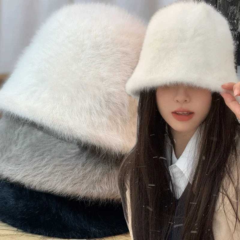 Winter rabbit plush fisherman hat solid color girls fashion bucket hat warm windproof wide Brim ladies Wen Artist hat X241023