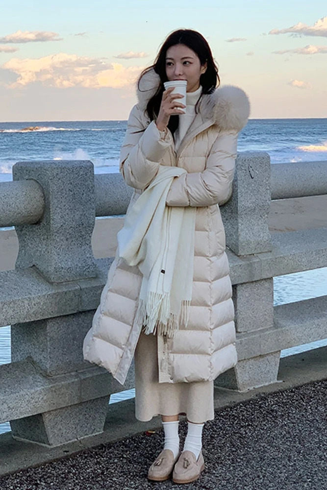 Hooded Winter Womens Big True Fox Fur Collar Duck Down Coat Womens Loose Hooded Warm Buffer Jacket T162 241023