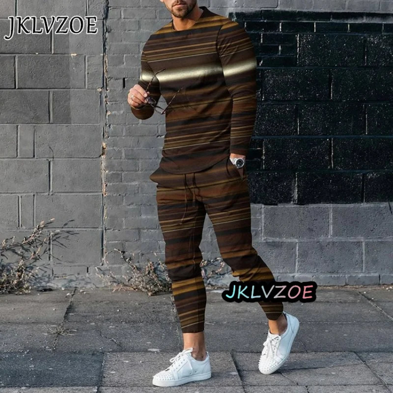 3D printed yellow mens streetwear autumn mens fashion long sleeved T-shirtTrousers casual tracksuit 2-piece set 241024