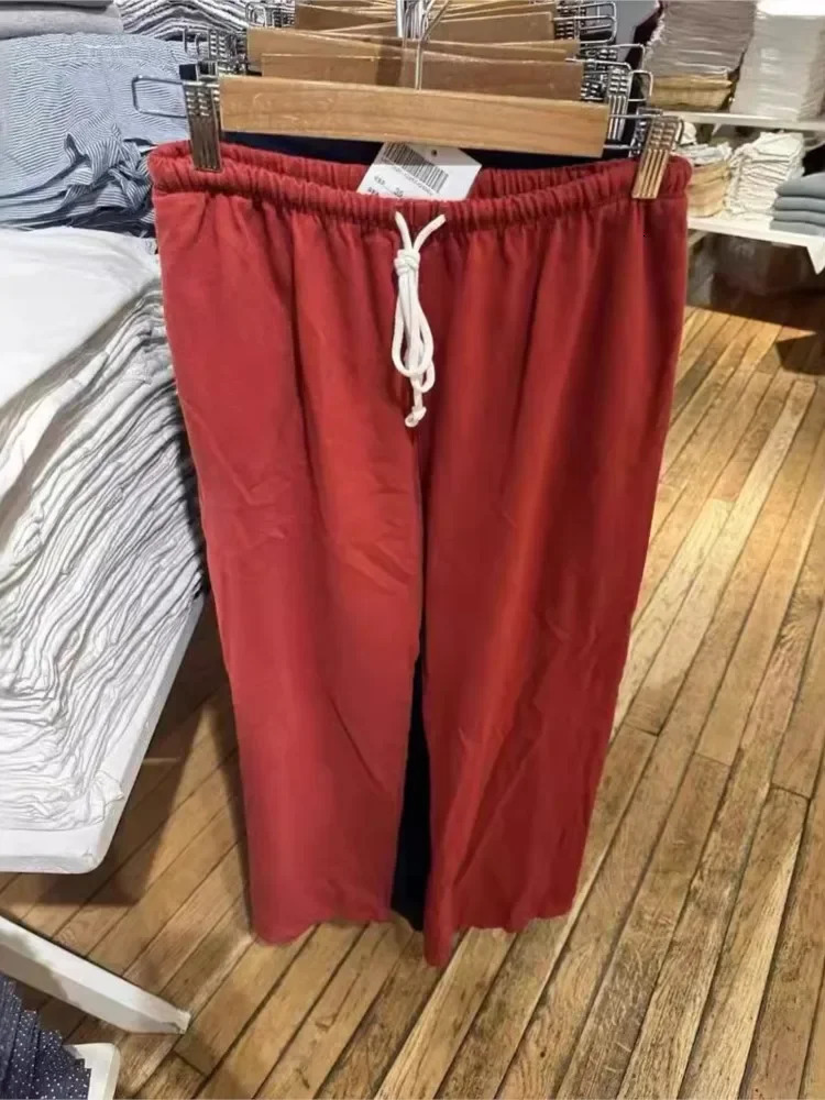 Red elastic waistband brushed loose womens autumn trend straight leg pants loose and versatile 241023