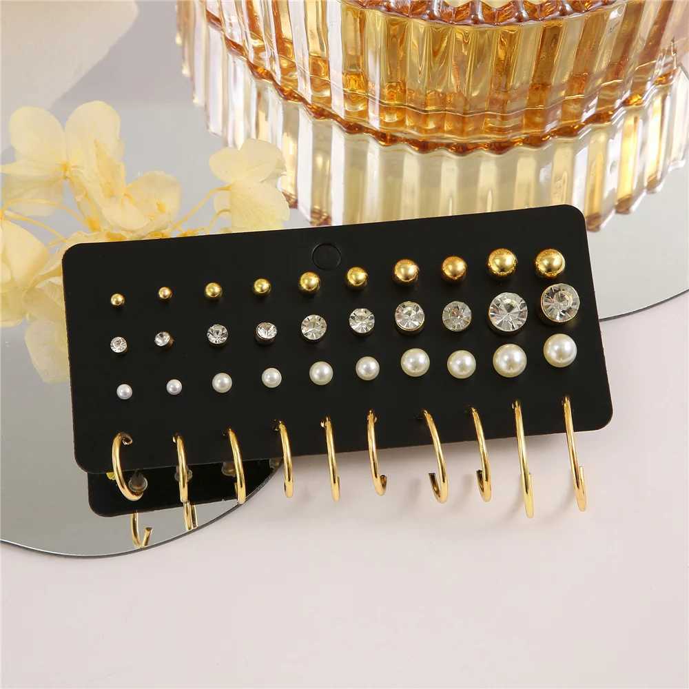 Fashion classic womens simple small stud earrings gold crystal rhinestone pearls set of 20 pairs of earrings jewelry W241023