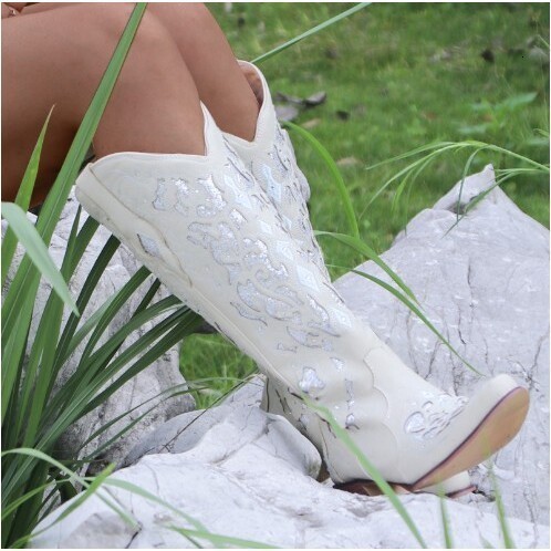 Drop Vintage Rhinestone Hollow Out Flower Western Cowboy Boot Pointed High Heel Knight Large WomenS Boots 35-45 240619