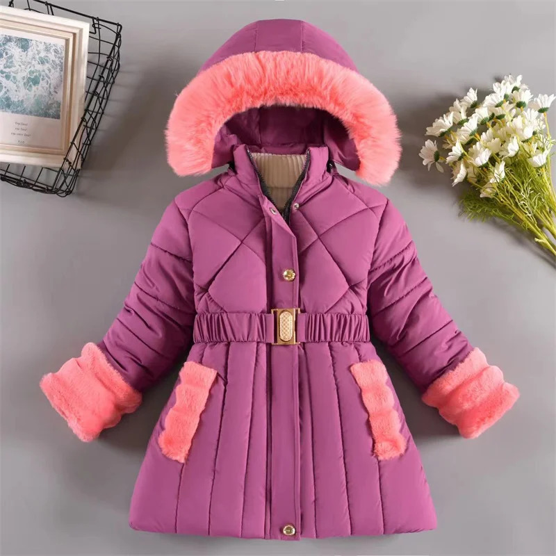 Winter girls with velvet warm coat childrens hooded thick coat childrens clothing fashionable long park girls aged 4-12 241024