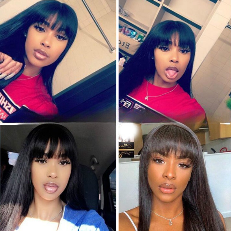 Wig for women long straight hair wig with bangs black fashion temperament face-shaping synthetic fiber wig