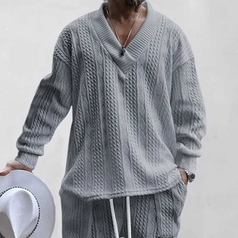 Autumn Mens V-neck Pullover Loose Long-sleeved Sweater Casual Jacquard Knitwear Fashion Soild T Shirts Jacquard Top Man Clothes LX241024