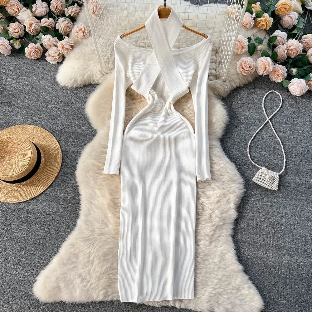Autumn and Winter Womens Long Skirt Elegant Strapless Thin Waist Knitted Body Dress Korean Office Womens Sweater Dress Vestitos 241024
