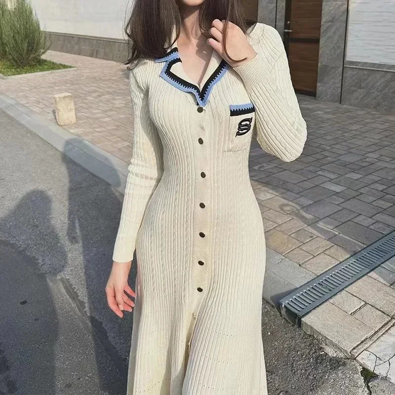 Autumn Elegant Slimming Knitted Long Skirt Womens Letter Single Chest Long Sleeve Retro Dress Winter Sweater 241024
