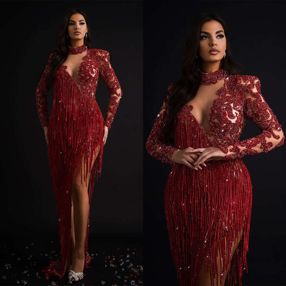 Red Mermaid Evening Long Sleeves V Neck Sequins Appliques 3D Lace Halter Side Slit Beads Tassel Plus Size Prom Dresses