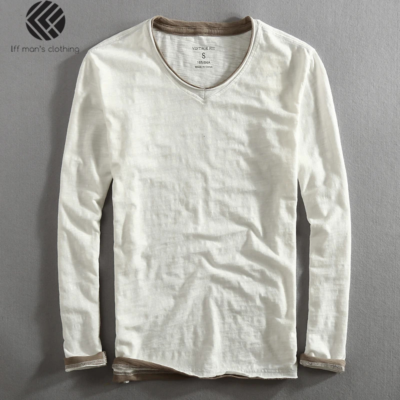 Mens Spring and Autumn Fashion Chinese Style Bamboo Cotton Two Piece V-neck Long Sleeve Mens Casual Thin T-shirt 241024