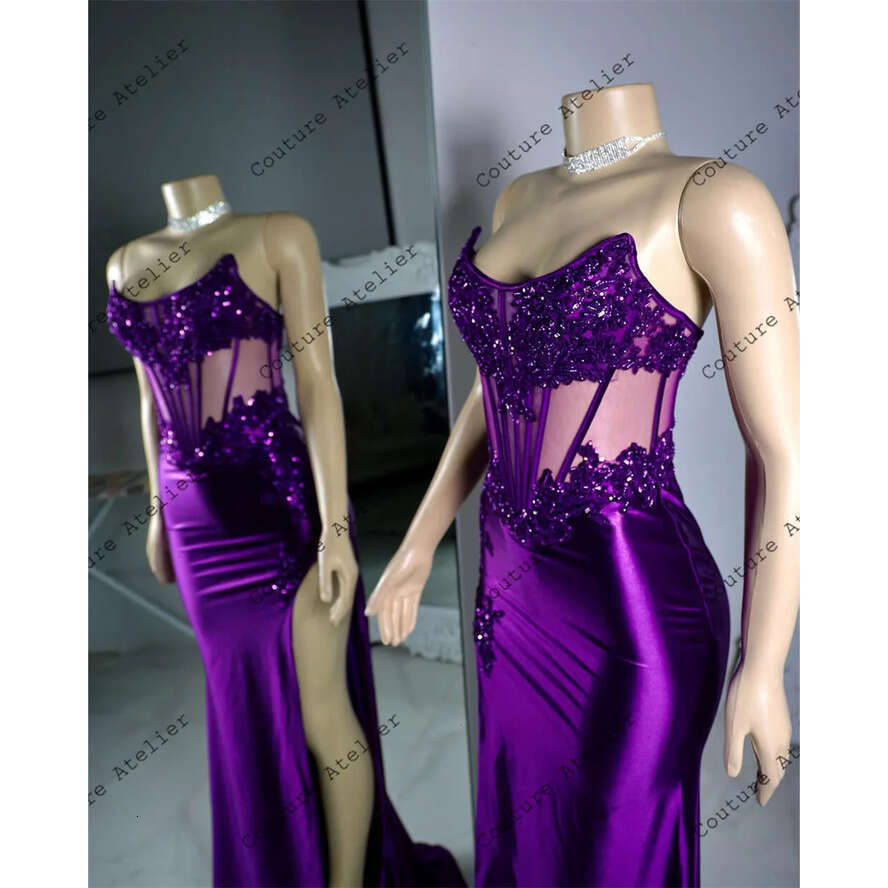 Pretty Purple High Split Rhies Prom For Black Girls Party Dress Women Elegant Gala Dresses Robe De Bal