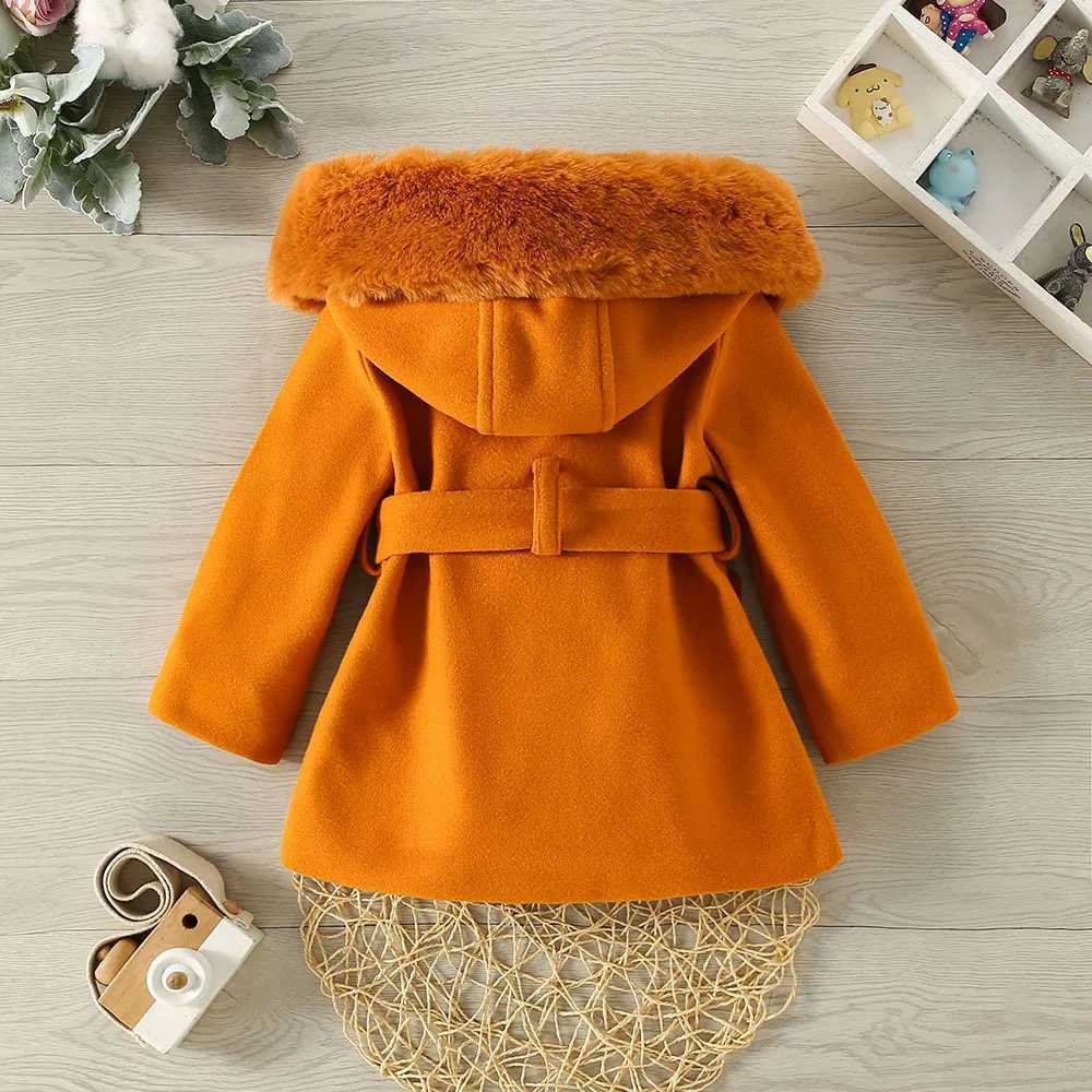 Autumn and winter new girl big wool collar hooded wool coat childrens cute solid bow wool coat W241023