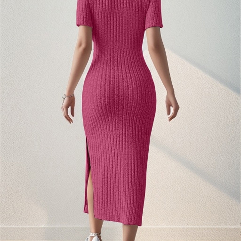 Summer Square Neck HipHugging MidLength Skirt ShortSleeved Versatile Knitted Slit Dress 241007