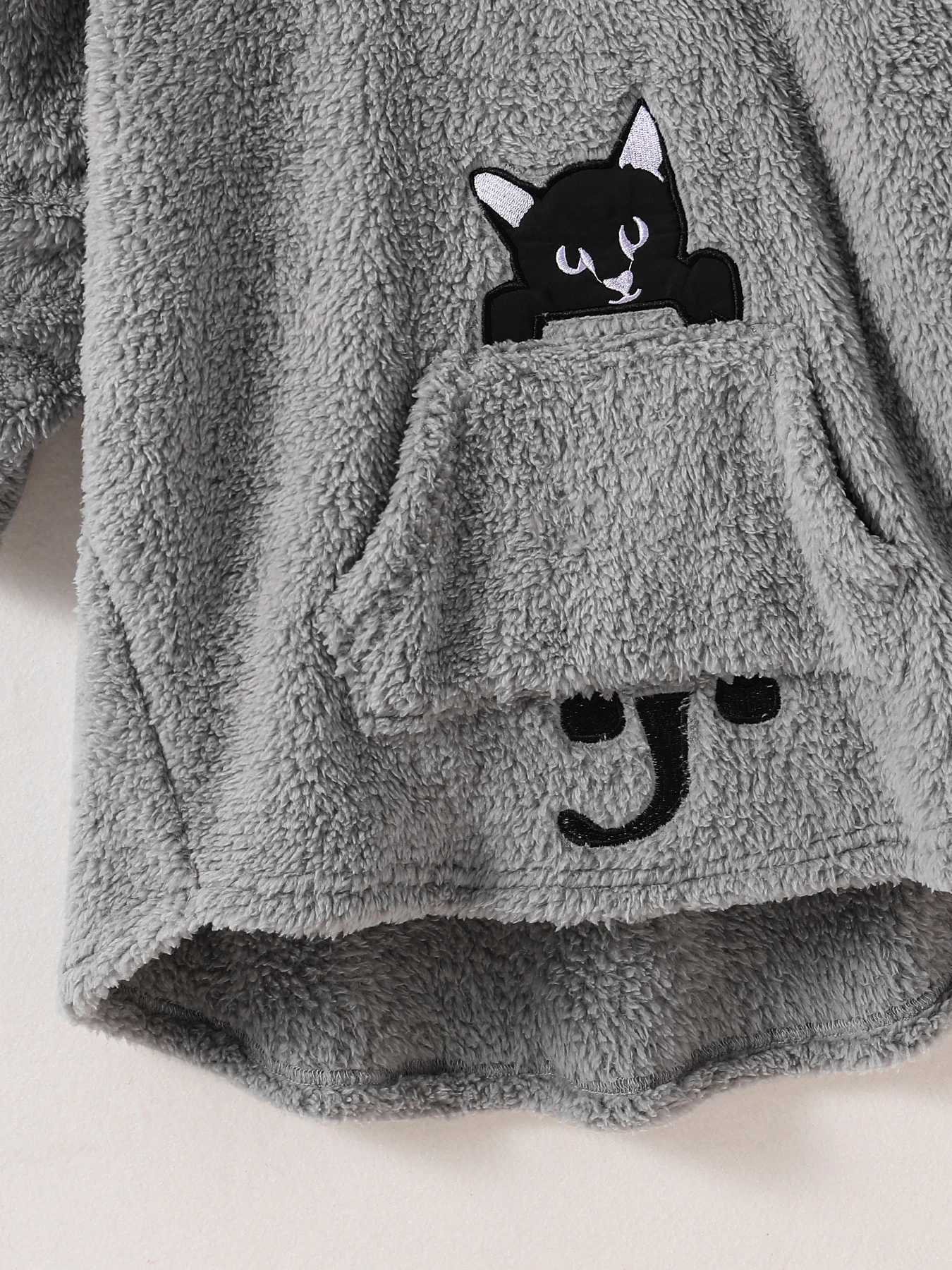 Girls autumn and winter childrens clothing fashion trends cute suede gray zipper cat pattern printed loose top hooded sweatshirt W241023