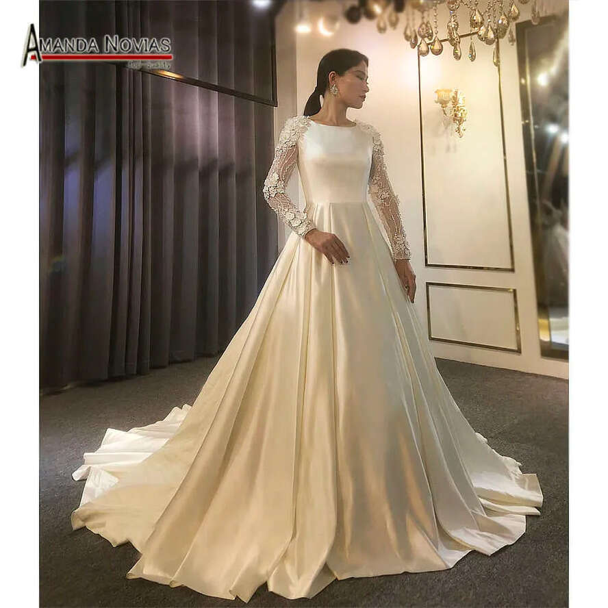 Simple Elegant Plain Satin Wedding Dress With Long Sleeves Real Work Photo