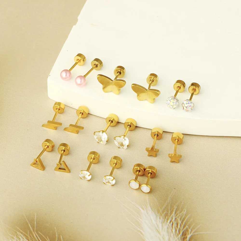 2PCS/Set Stainless Steel Gold Flower Cross Stud Earrings Suitable for Women Cute Mini Pearl Earrings Felt Perforated Jewelry W241023