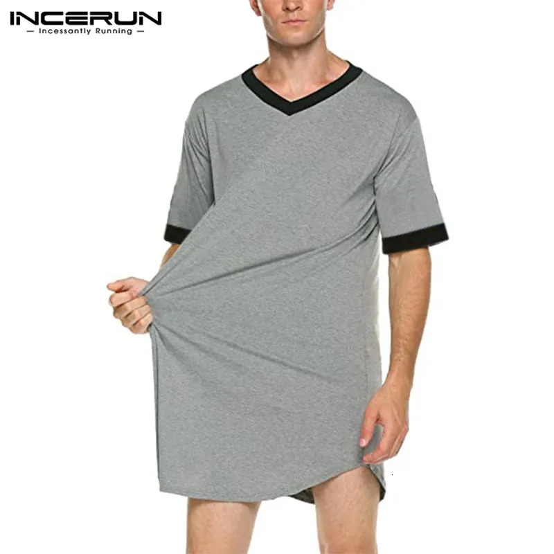 INCERUN Mens Nightgown Fashion Patchwork Solid Sleepwear Short Sleeve Bathroom Loose V-neck Home Wear S-5XL 241023