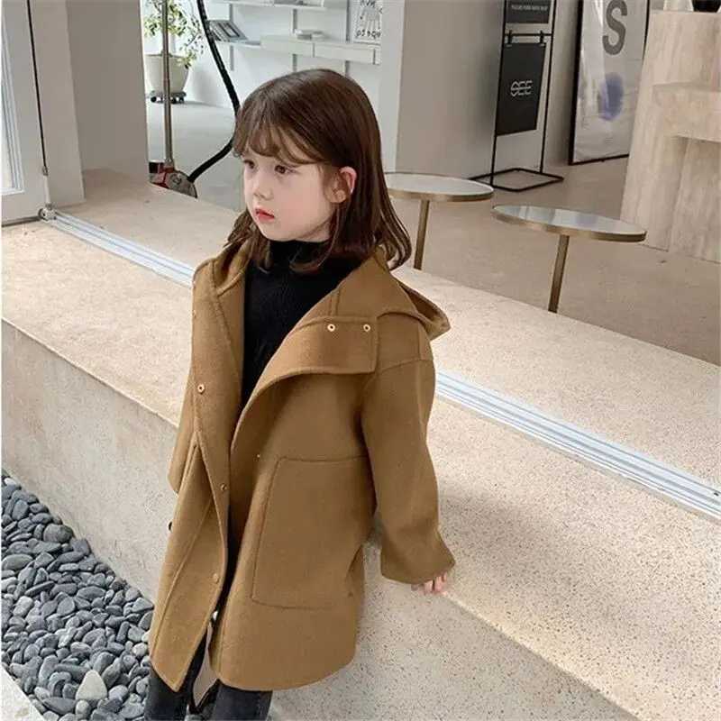 Childrens wool coat autumn and winter new item womens hooded sweater solid color baby medium length wool coat W241023
