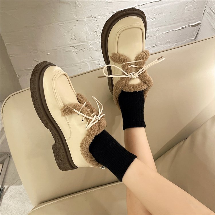 Women's Winter Fleece Shoes: Slip-on Versatile Leather Casual Shoes, Black/Beige/Brown 5f04