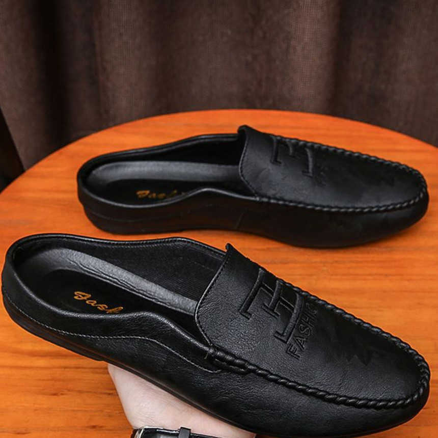 Men Dress Shoes Summer British Bean Shoes Mens Half Slippers Lazy One Step Leather Shoes No Back Heel Breathable Mens Casual Shoes 241009