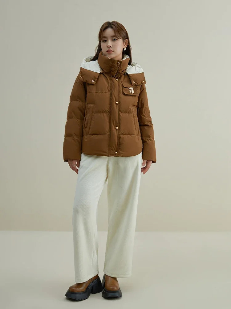 DUSHU 104G filling capacity detachable hooded short loose jacket winter brown down jacket womens white duck down jacket 241023